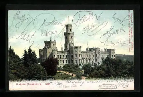 AK Schloss Frauenberg, Hluboká, 1904, mit Wald und Park im Vordergrund