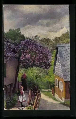 Künstler-AK Photochromie Nr. 4112: Hausgarten mit blühendem Flieder