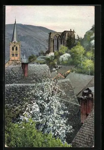 Künstler-AK Photochromie Nr. 2441: Kirche, Ruine und Häuser nebst Baumblüte