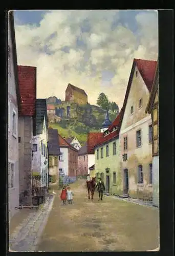 Künstler-AK Photochromie Nr. 4840: Pottenstein, Strassenpartie im Ort mit Blick zur Burg