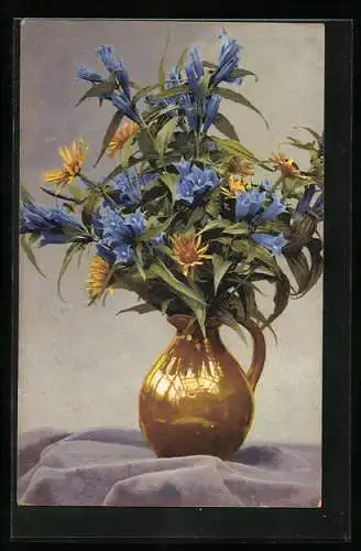 Künstler-AK Photochromie Nr. 748: Blaue und gelbe Blumen in einer Vase