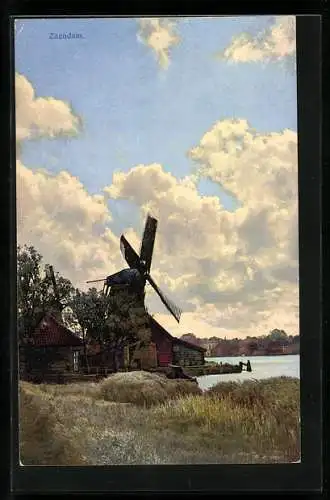 Künstler-AK Photochromie Nr. 2948: Zaandam, Partie an der Windmühle