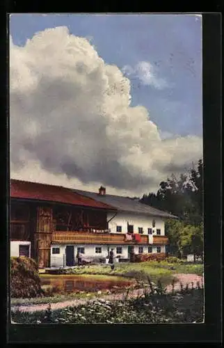 Künstler-AK Photochromie Nr. 4380: Grosses Bauernhaus mit Teich