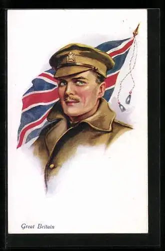 AK Britischer Soldat mit Schnurrbart vor dem Union Jack