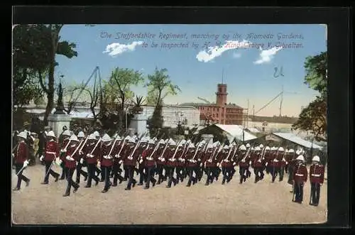 AK Gibraltar, The Staffordshire Regiment, marching by the Alameda Gardens to be inspected by H. M. King George V.