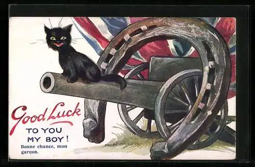 Künstler-AK Schwarze Katze auf einer Kanone mit grossem Hufeisen und Union Jack