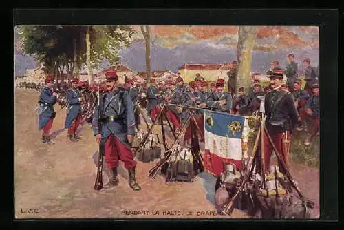 AK Pendant la halte, le Drapeau, französische Infanterie bei einer Rast