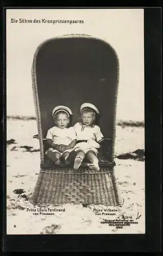 AK Prinz Louis Ferdinand und Prinz Wilhelm von Preussen im Kindesalter in einem Strandkorb sitzend