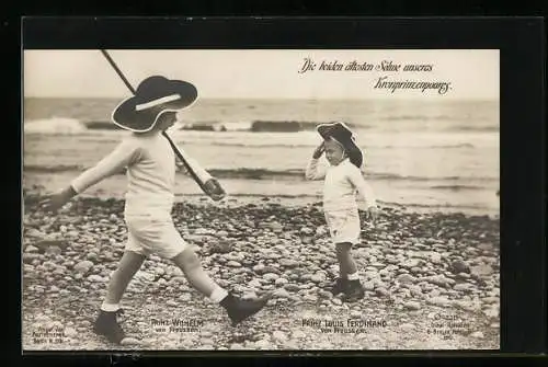 AK Prinz Wilhelm von Preussen, am Strand mit Prinz Louis Ferdinand beim Exerzieren