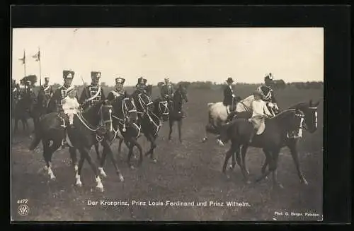 AK Kronprinz Wilhelm von Preussen mit den Prinzen Louis Ferdinand und Wilhelm, Ausritt in Uniform