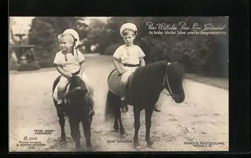 AK Prinz Wilhelm und Prinz Louis Ferdinand posieren auf Ponys sitzend mit Matrosenmützen