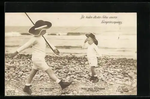 AK Prinz Wilhelm und Prinz Louis Ferdinand von Preussen am Strand marschierend und salutierend