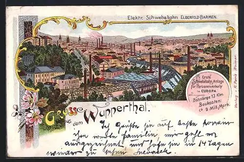 Lithographie Wupperthal, Blick auf die elektrische Schwebebahn Elberfeld-Barmen