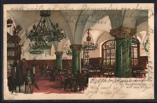 Lithographie München, Gasthof Salvatorkeller am Nockherberg, Innenansicht