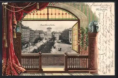 Passepartout-Lithographie München, Der Isarthorplatz, Blick von einem Balkon