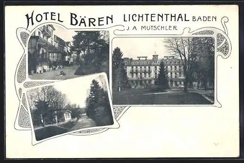 AK Lichtenthal / Baden-Baden, Hotel Bären, Inh. J. A. Mutschler, Aussenansichten u. Partie am Kanal