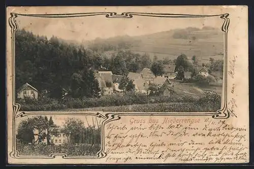 AK Niederrengse, Das Gasthaus Lenz, Gesamtansicht, Jugendstil-Passepartout