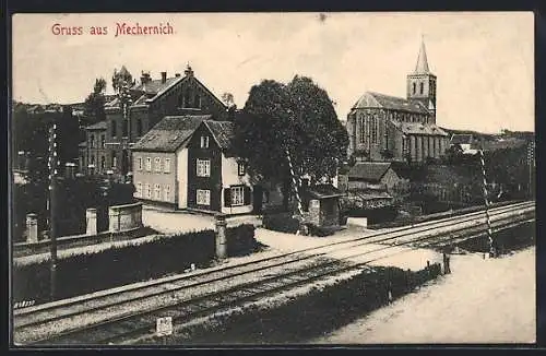 AK Mechernich, Kirche und Bahnübergang