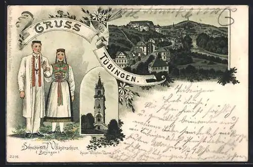 Lithographie Tübingen, Kaiser Wilhelm-Turm, Teilansicht der Ortschaft