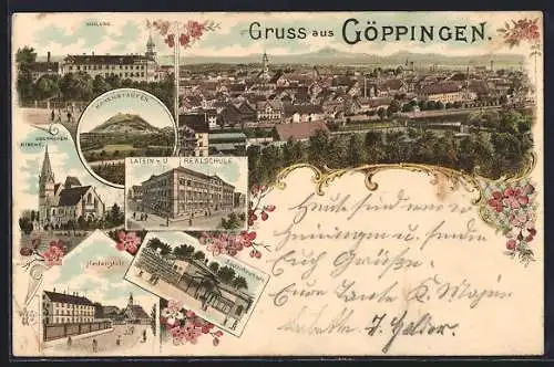 Lithographie Göppingen, Schloss, Heilanstalt, Sauerbrunnen