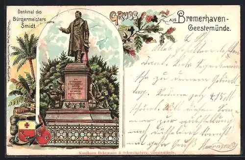 Lithographie Bremerhaven-Geestemünde, Denkmal des Bürgermeisters Smidt