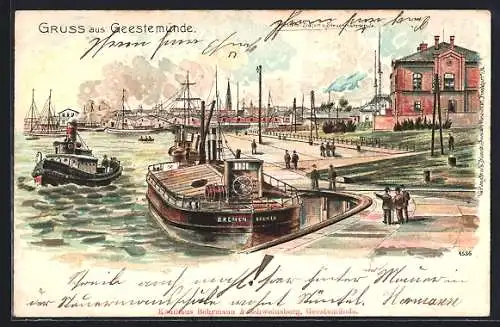 Lithographie Geestemünde, Hafen und Steuermannschule, Dampfer