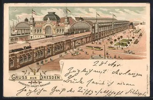 Lithographie Dresden, Bahnhofrestaurant Heinrich John, Hauptbahnhof mit Strassenbahn und Dampflok aus der Vogelschau