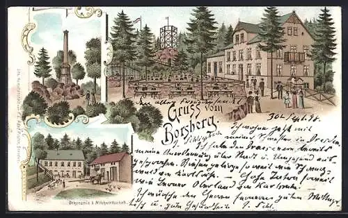 Lithographie Dresden-Rockau, Gasthaus mit Aussenbereich und Aussichtsturm, Denkmal