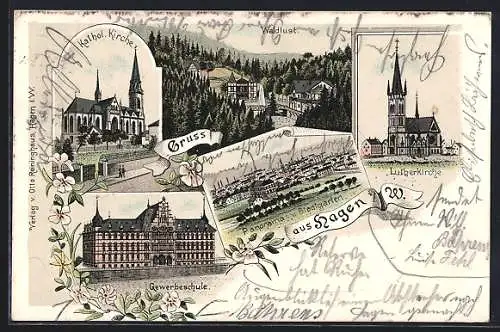 Lithographie Hagen i. W., Kathol. Kirche, Lutherkirche, Waldlust, Gewerbeschule, Panorama v. Stadtgarten