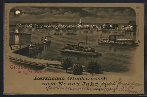 Mondschein-Lithographie Neuwied a. Rhein, Panoramablick über den Fluss