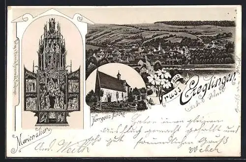 Lithographie Creglingen, Ortsansicht, Blick zur Herrgotts-Kirche, Marienaltar