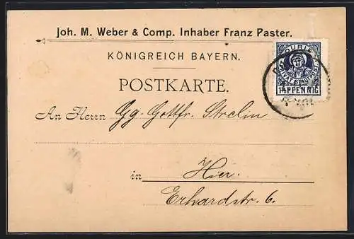 AK München, Fa. Joh. M. Weber & Comp., Inhaber Franz Paster, Korrespondenzkarte