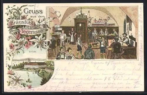 Lithographie Tegernsee, Gasthaus Bräustübl, Schloss