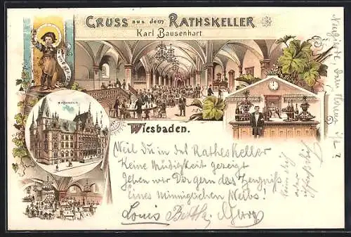 Lithographie Wiesbaden, Gasthof Rathskeller von Karl Bausenhart