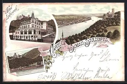 Lithographie Capellen / Koblenz, Hotel Lahneck, Schloss-Stolzenfels, Uferpartie