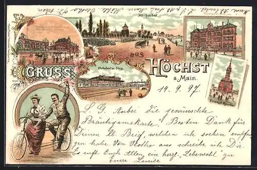 Lithographie Höchst a. Main, Restaurant-Comsumhaus Farbwerke, Bahnhof m. Steg, Alt-Höchst