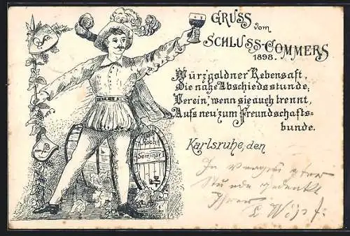 Lithographie Karlsruhe, Schluss-Commers 1898, Weintrinker mit Fass, Wappen