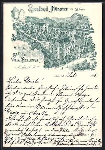 Lithographie Münster am Stein, Villa Kastl & Villa Bellevue A. Kastl Witwe