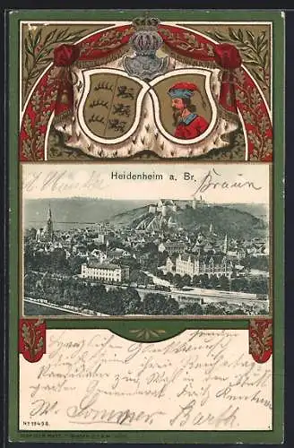 Passepartout-Lithographie Heidenheim a. Br., Teilansicht mit Schloss, Ritterhelm mit Wappen