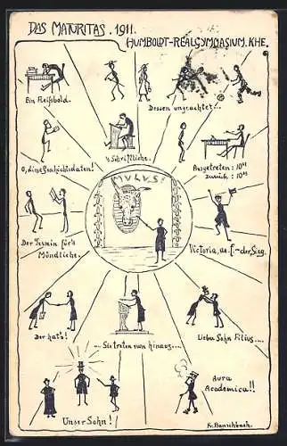 Künstler-AK Karlsruhe /Baden, Humboldt-Realgymnasium Khe., Das Maturitas 1911, Ein Fleissbold, Absolvia