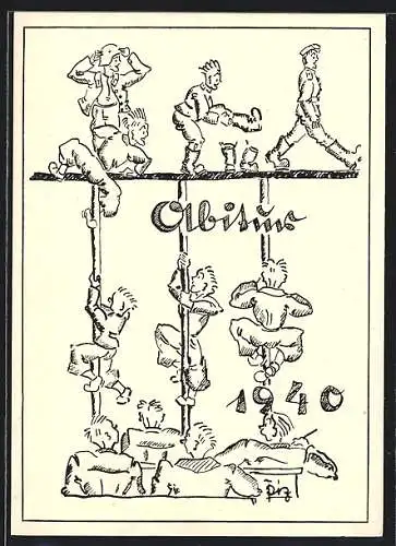 Künstler-AK Karlsruhe, Abiturkarte der Klasse 8 b des Bismarckgymnasiums 1940, Schüler an Kletterstangen