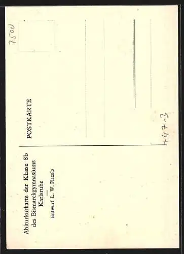 Künstler-AK Karlsruhe, Abiturkarte der Klasse 8 b des Bismarckgymnasiums 1940, Schüler an Kletterstangen