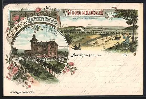 Vorläufer-Lithographie Nordhausen, 1895, Blick vom Turm Hotel Kaiserberg mit Brocken, Ravensberg und Stöberhai