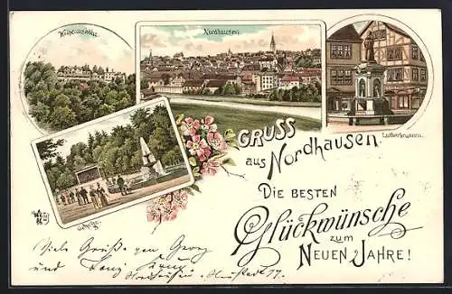 Lithographie Nordhausen, Wilhelmshöhe, Lutherbrunnen, Gehege, Neujahrsgruss