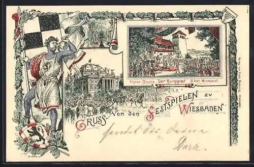 Lithographie Wiesbaden, Festspiele, Histor. Drama Der Burggraf, Minnehof