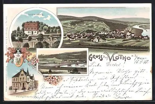 Lithographie Vlotho a. d. Weser, Ortspartie, Weserbrücke, Postgebäude, Bahnpoststempel