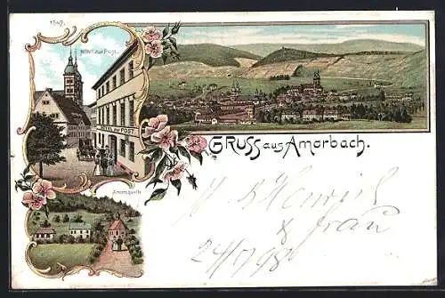 Lithographie Amorbach, Hotel zur Post, Amorsquelle