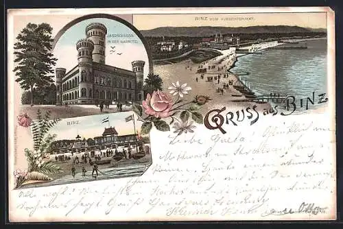 Vorläufer-Lithographie Binz, 1895, Strandpartie mit Hotel, Jagdschloss in der Granitz, Ortspartie vom Aussichtspunkt