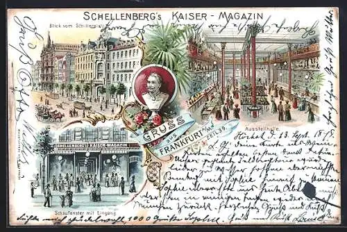 Lithographie Frankfurt a. M., Schellenberg`s Kaiser-Magazin Schaufenster mit Eingang, Inneres Ausstellhalle