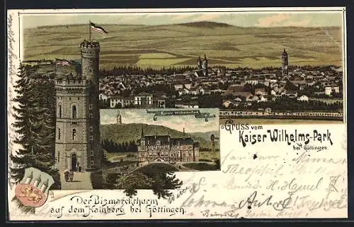 Lithographie Göttingen, Kaiser Wilhelms-Park und Bismarckturm auf dem Hainberg, Teilansicht